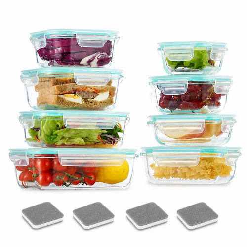 16-Piece Glass Food Storage Containers Set – 8 Airtight Snap Lids & 8 Containers for Meal Prep, Leftovers, Lunch & Kitchen Organization