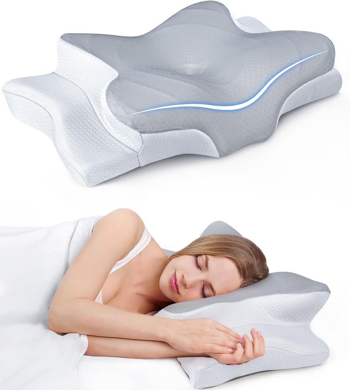 Adjustable Cooling Memory Foam Neck Pillow, Ergonomic Cervical Support Pillow for Sleeping, Contoured Neck & Head Support Pillow for Side and Back Sleepers