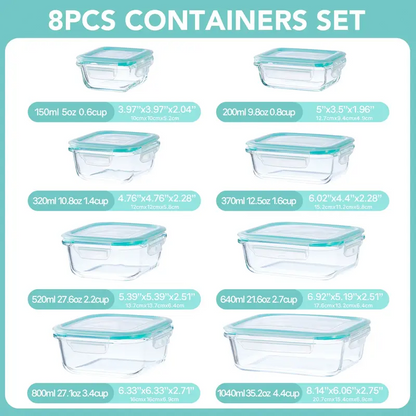 16-Piece Glass Food Storage Containers Set – 8 Airtight Snap Lids & 8 Containers for Meal Prep, Leftovers, Lunch & Kitchen Organization