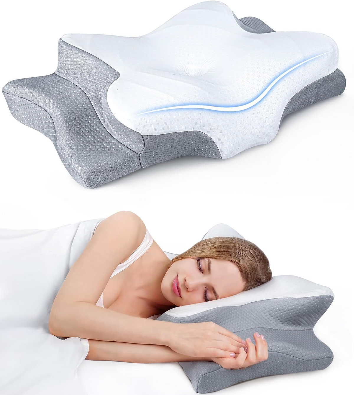 Adjustable Cooling Memory Foam Neck Pillow, Ergonomic Cervical Support Pillow for Sleeping, Contoured Neck & Head Support Pillow for Side and Back Sleepers