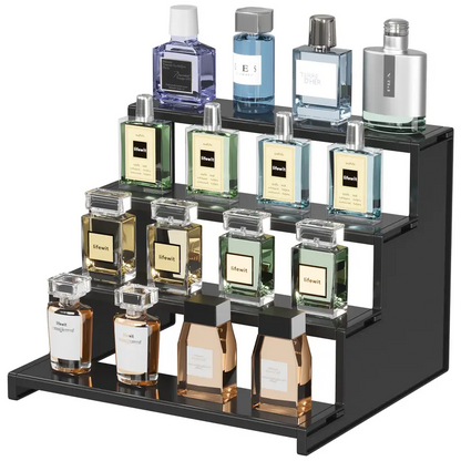 4-Tier Black Countertop Organizer Display Stand – Multi-Purpose Storage Rack for Perfume, Makeup, Spices & Home Decor