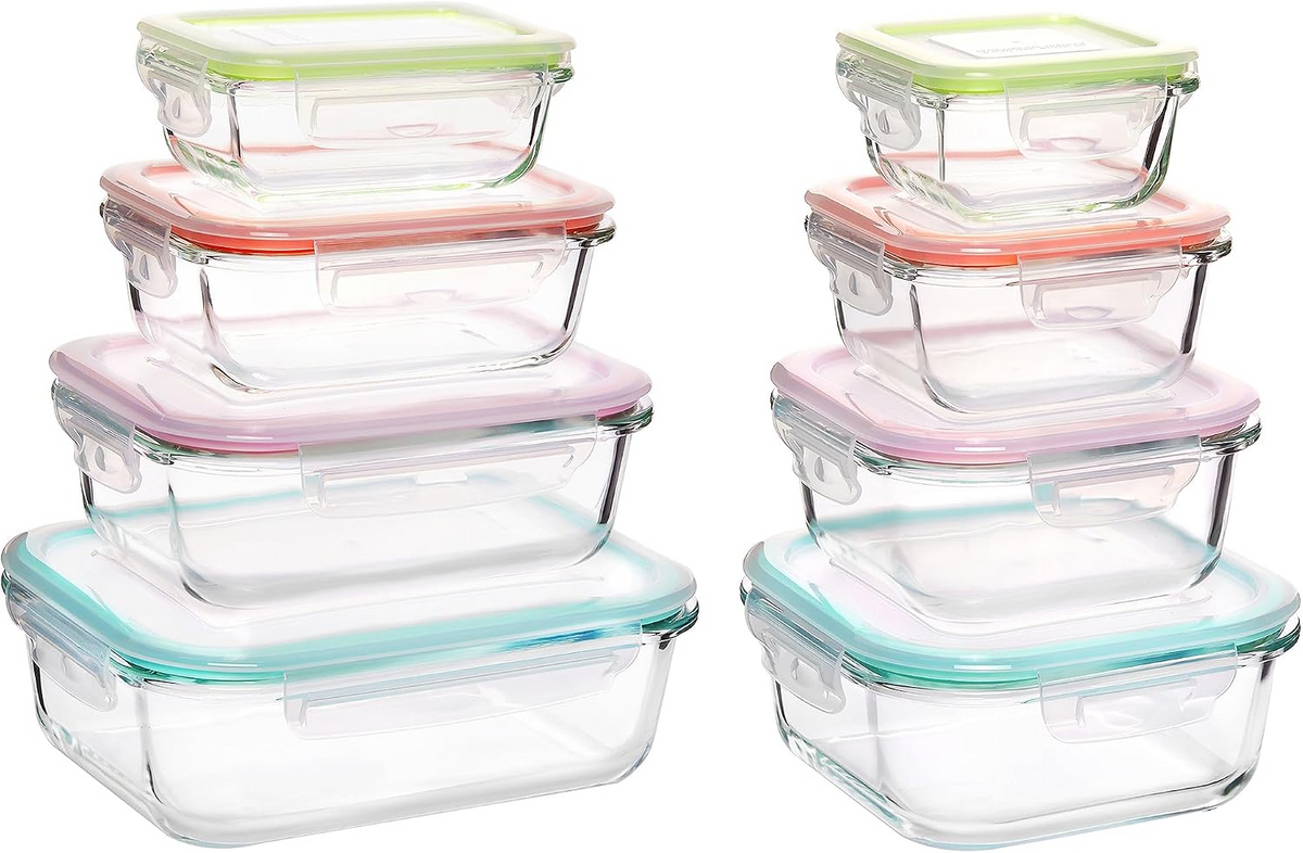 16-Piece Glass Food Storage Containers Set – 8 Airtight Snap Lids & 8 Containers for Meal Prep, Leftovers, Lunch & Kitchen Organization