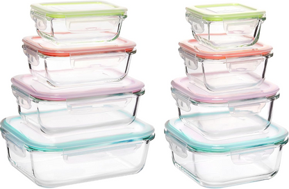 16-Piece Glass Food Storage Containers Set – 8 Airtight Snap Lids & 8 Containers for Meal Prep, Leftovers, Lunch & Kitchen Organization