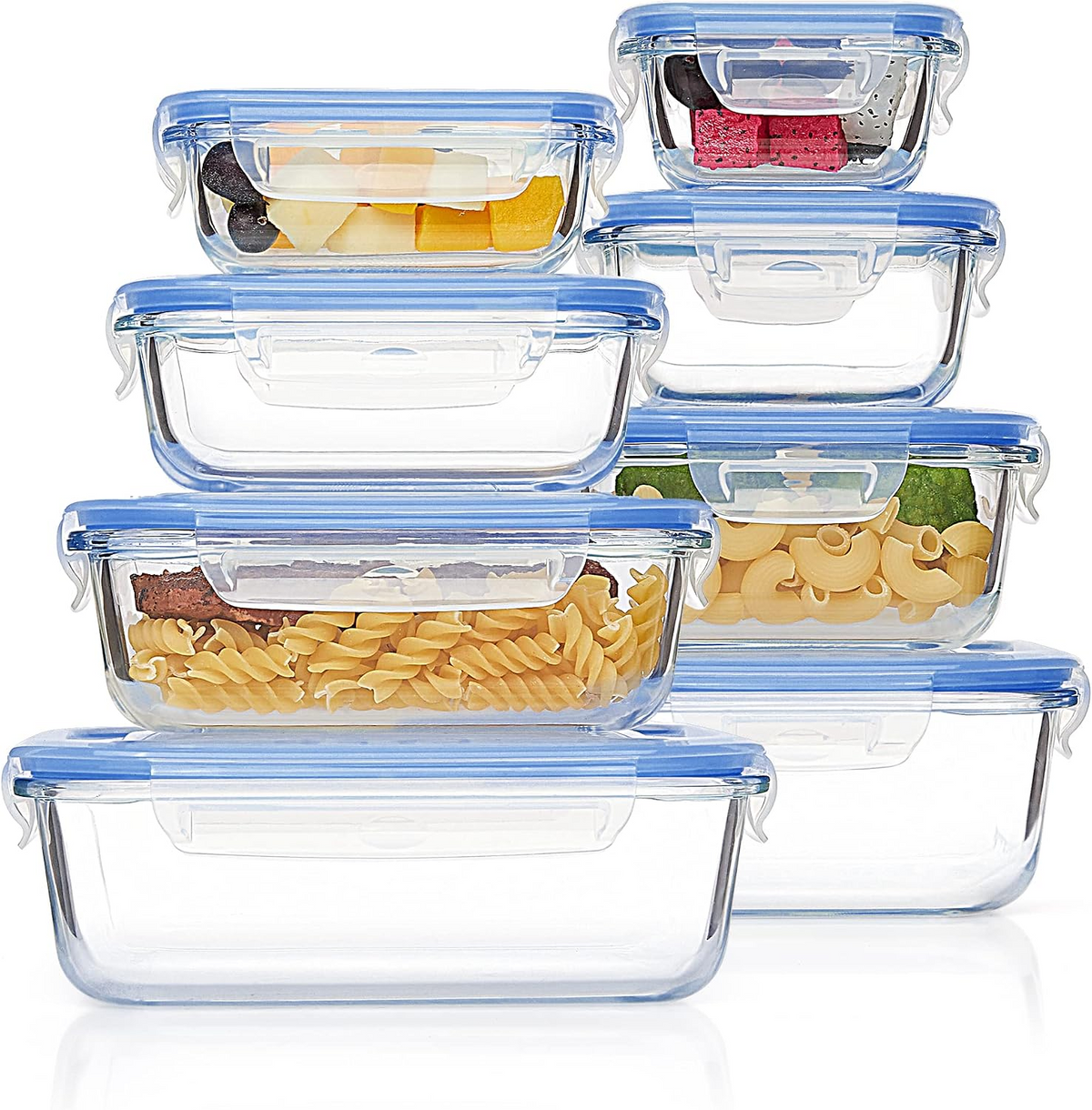 16-Piece Glass Food Storage Containers Set – 8 Airtight Snap Lids & 8 Containers for Meal Prep, Leftovers, Lunch & Kitchen Organization
