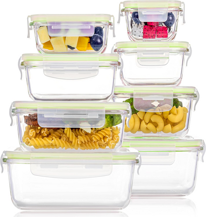 16-Piece Glass Food Storage Containers Set – 8 Airtight Snap Lids & 8 Containers for Meal Prep, Leftovers, Lunch & Kitchen Organization