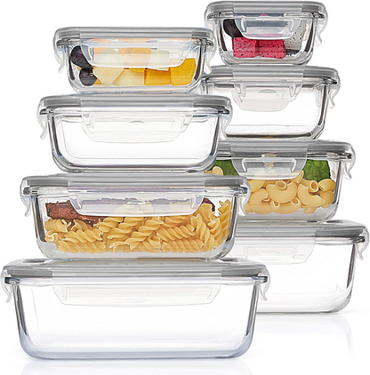 16-Piece Glass Food Storage Containers Set – 8 Airtight Snap Lids & 8 Containers for Meal Prep, Leftovers, Lunch & Kitchen Organization