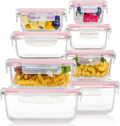 16-Piece Glass Food Storage Containers Set – 8 Airtight Snap Lids & 8 Containers for Meal Prep, Leftovers, Lunch & Kitchen Organization