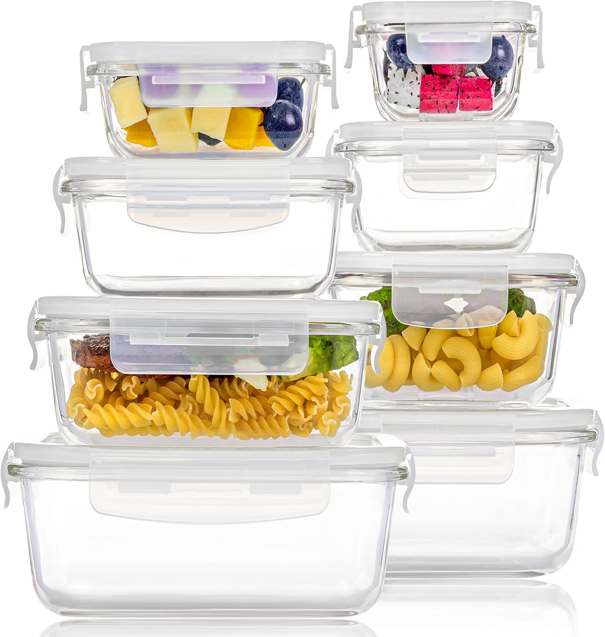 16-Piece Glass Food Storage Containers Set – 8 Airtight Snap Lids & 8 Containers for Meal Prep, Leftovers, Lunch & Kitchen Organization