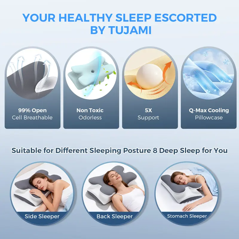 Adjustable Cooling Memory Foam Neck Pillow, Ergonomic Cervical Support Pillow for Sleeping, Contoured Neck & Head Support Pillow for Side and Back Sleepers