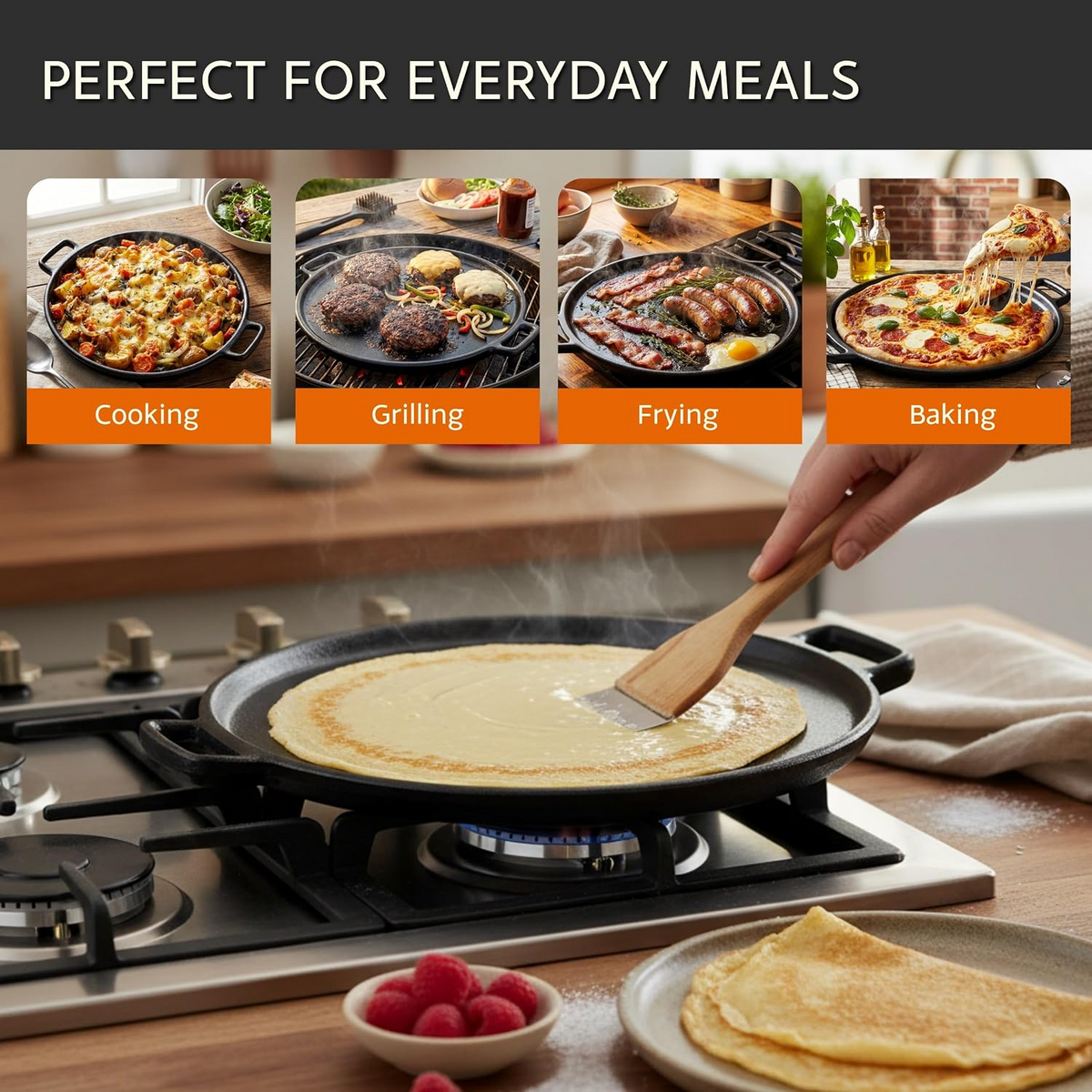 12”/14” Cast Iron Pizza Pan, Even-Heating Heavy-Duty Cast Iron Cookware for Homemade Pizza, Baking & Oven Cooking