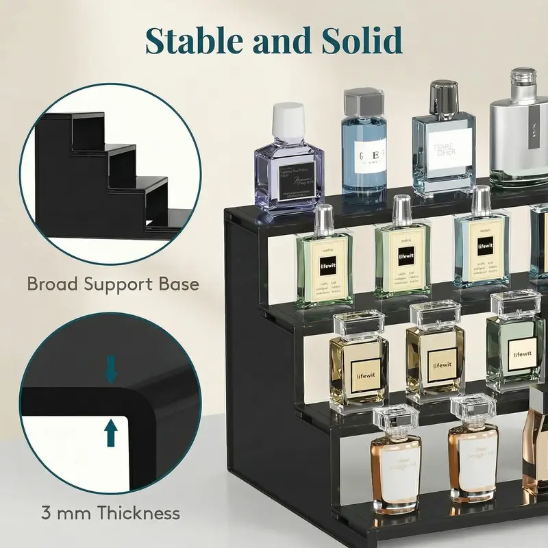 4-Tier Black Countertop Organizer Display Stand – Multi-Purpose Storage Rack for Perfume, Makeup, Spices & Home Decor