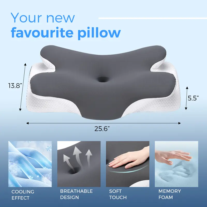Adjustable Cooling Memory Foam Neck Pillow, Ergonomic Cervical Support Pillow for Sleeping, Contoured Neck & Head Support Pillow for Side and Back Sleepers